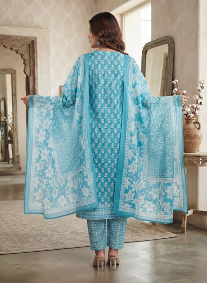 Sky Blue Butta YOG Handwork Cotton Suit Set