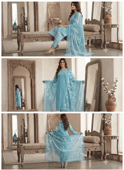 Sky Blue Butta YOG Handwork Cotton Suit Set