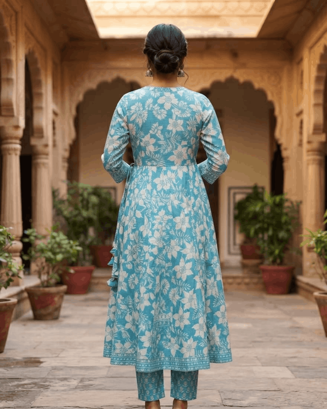 Sky Blue Handwork Cotton Anarkali Suit Set