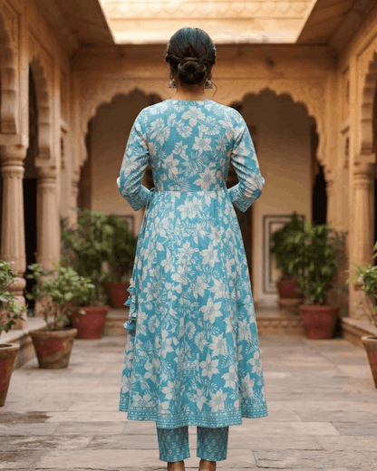 Sky Blue Handwork Cotton Anarkali Suit Set