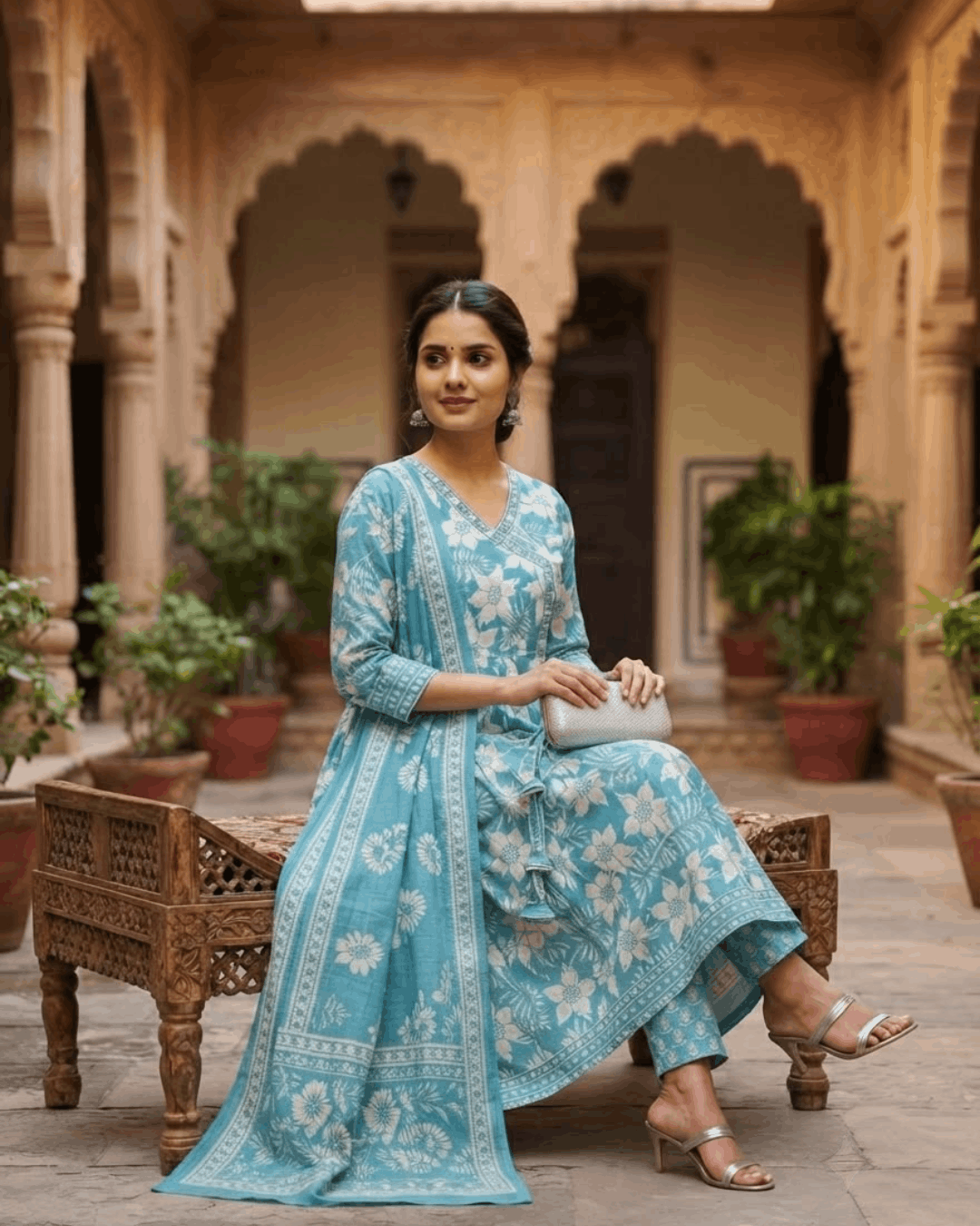 Sky Blue Handwork Cotton Anarkali Suit Set