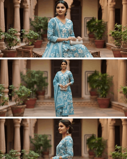 Sky Blue Handwork Cotton Anarkali Suit Set