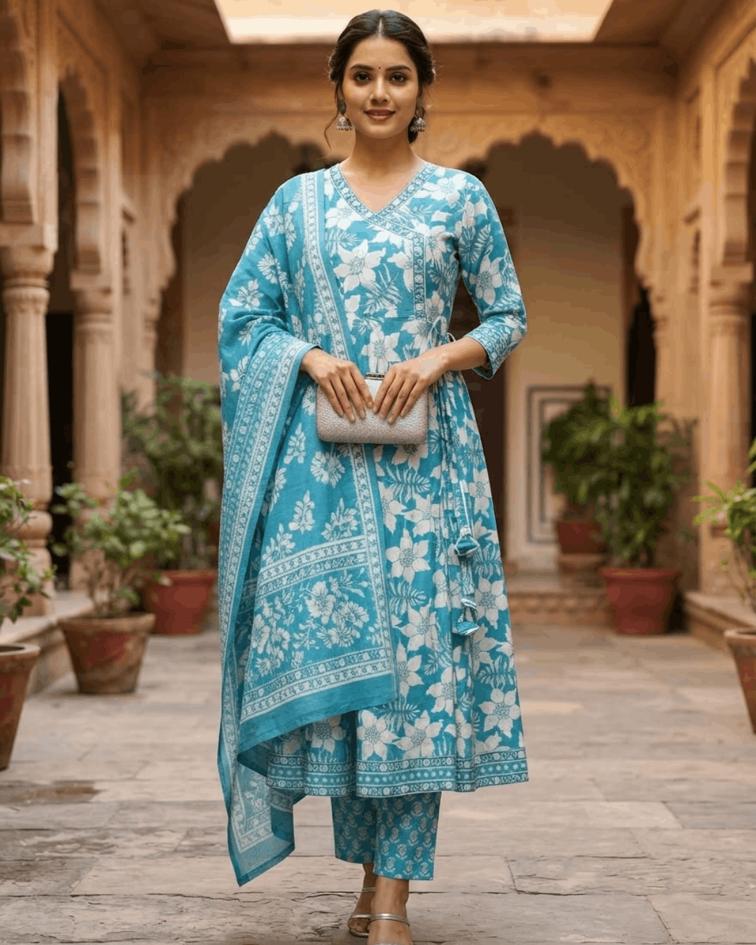 Sky Blue Handwork Cotton Anarkali Suit Set