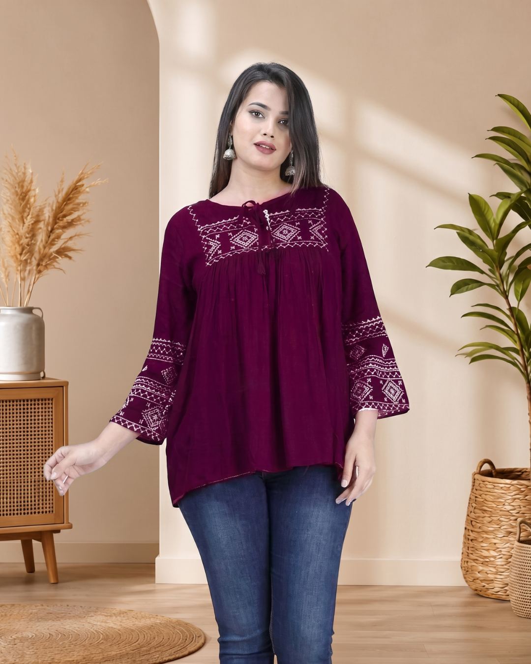 Wine Designer Embroidered Rayon Top