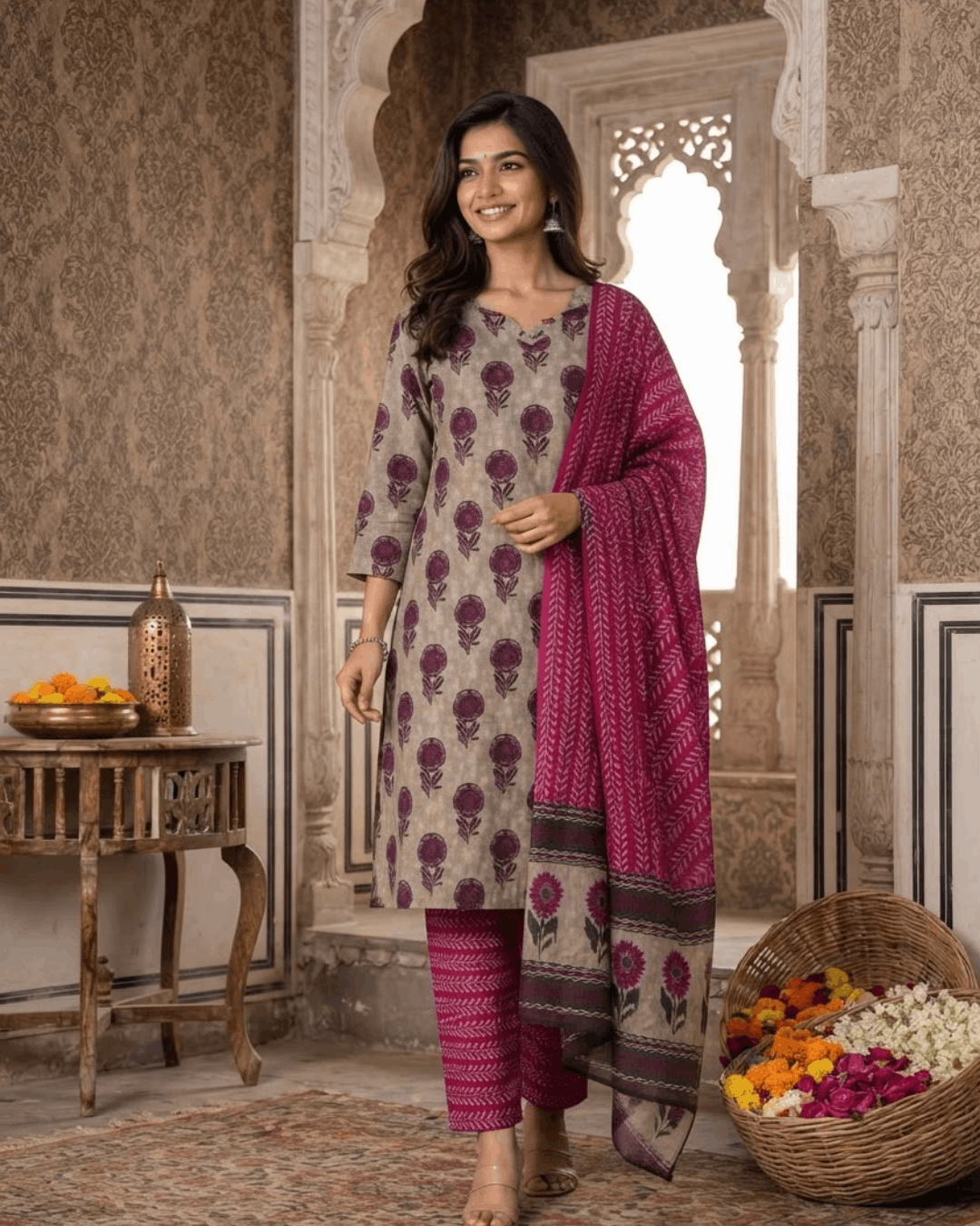 Wine Flower Butta Handwork Cotton Suit Set