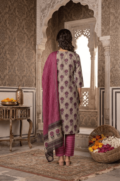 Wine Flower Butta Handwork Cotton Suit Set