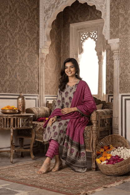 Wine Flower Butta Handwork Cotton Suit Set